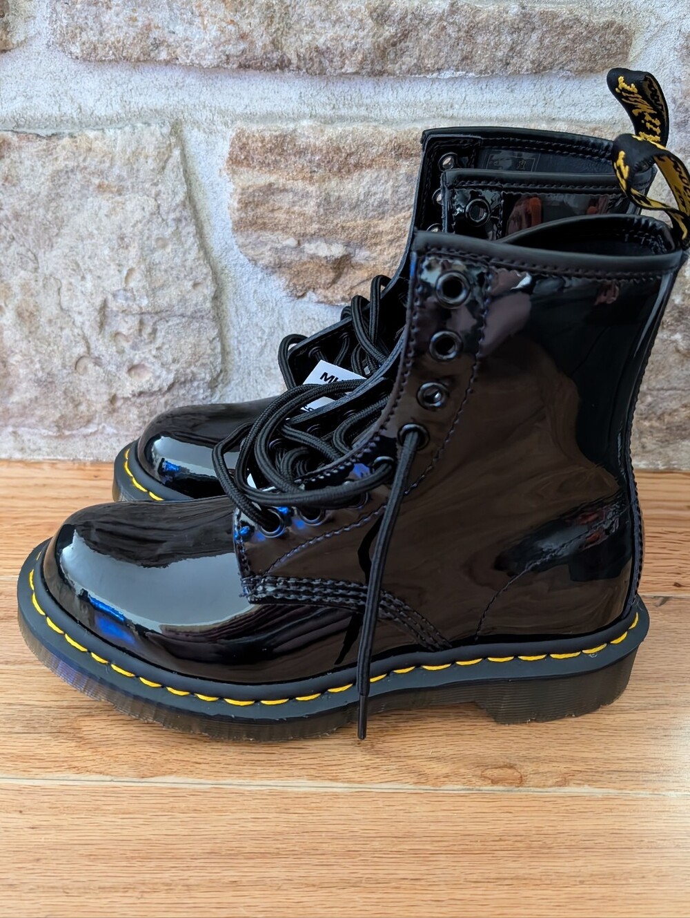 Dr. Martens Patent Leather 1460 Boots - Black with Yellow Stitching New